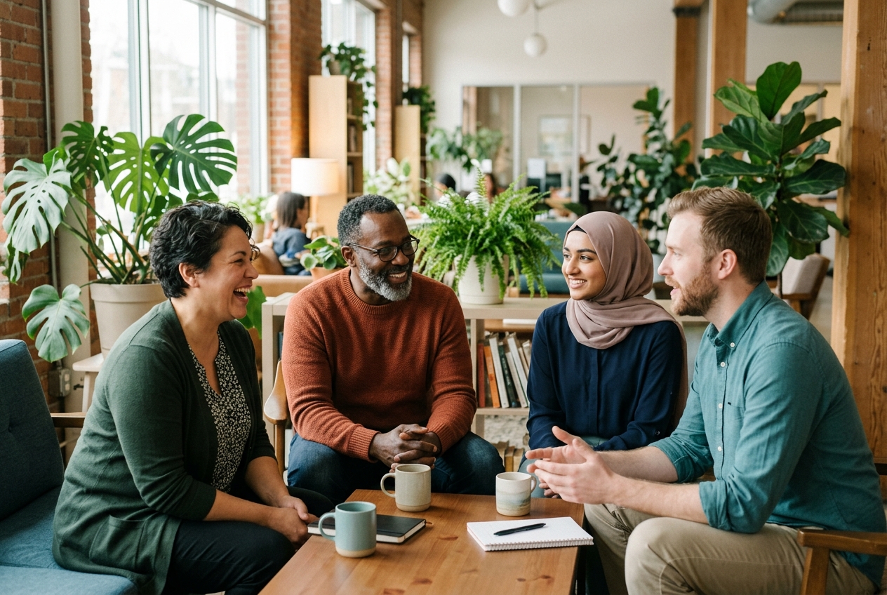 A warm, diverse team of Canadian care professionals talking together