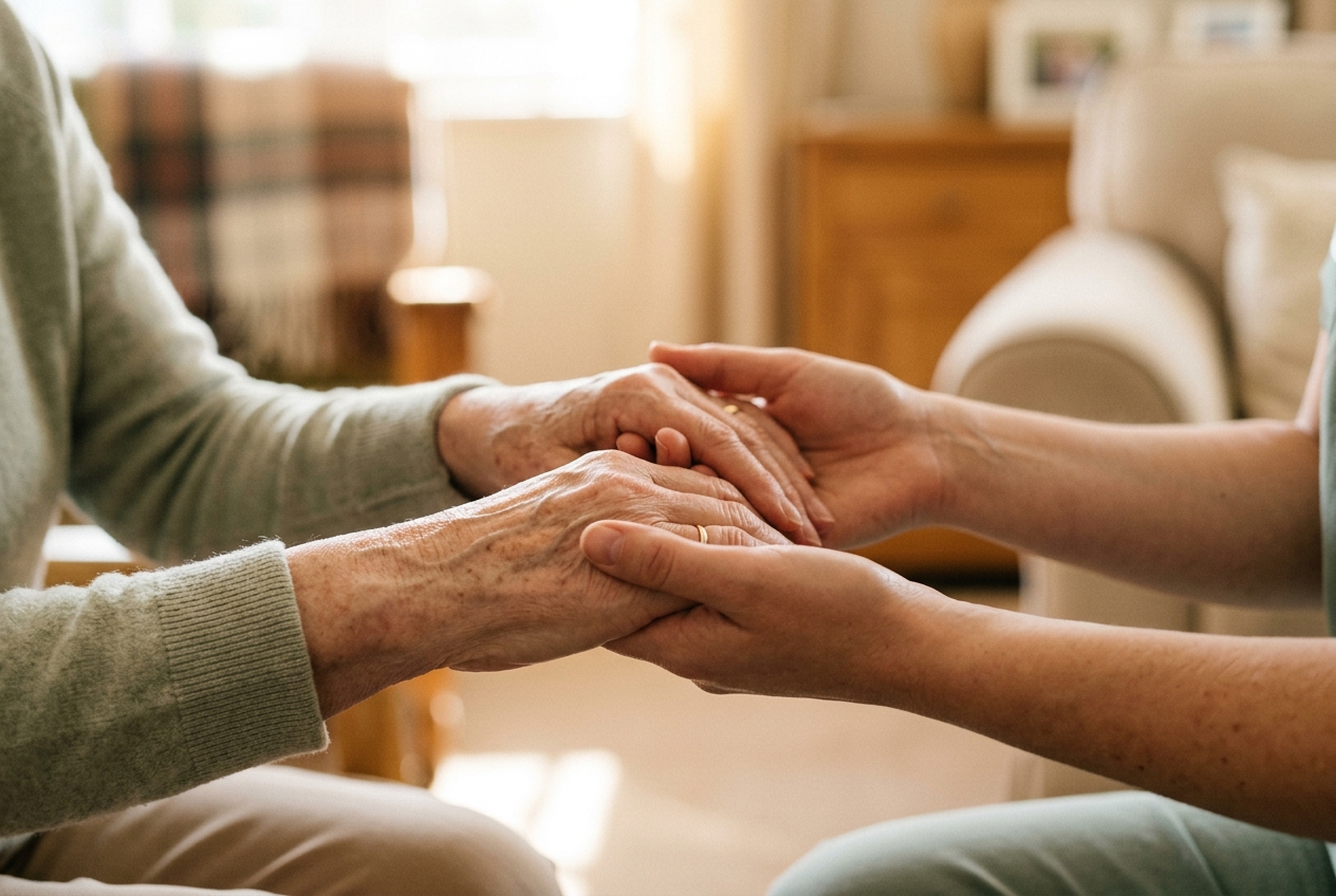 A caregiver gently supporting an older person's hands in warm sunlight