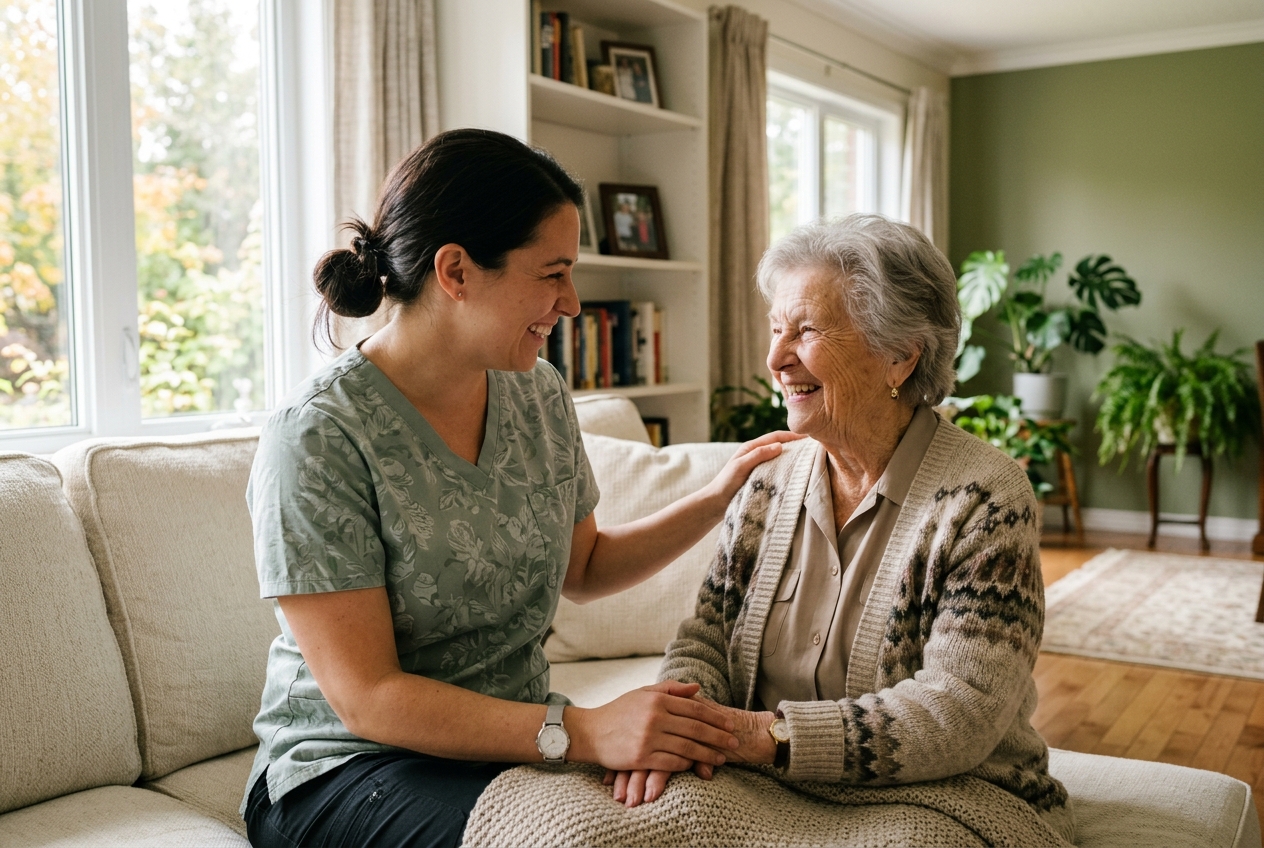 A warm moment between a care professional and a smiling senior at home